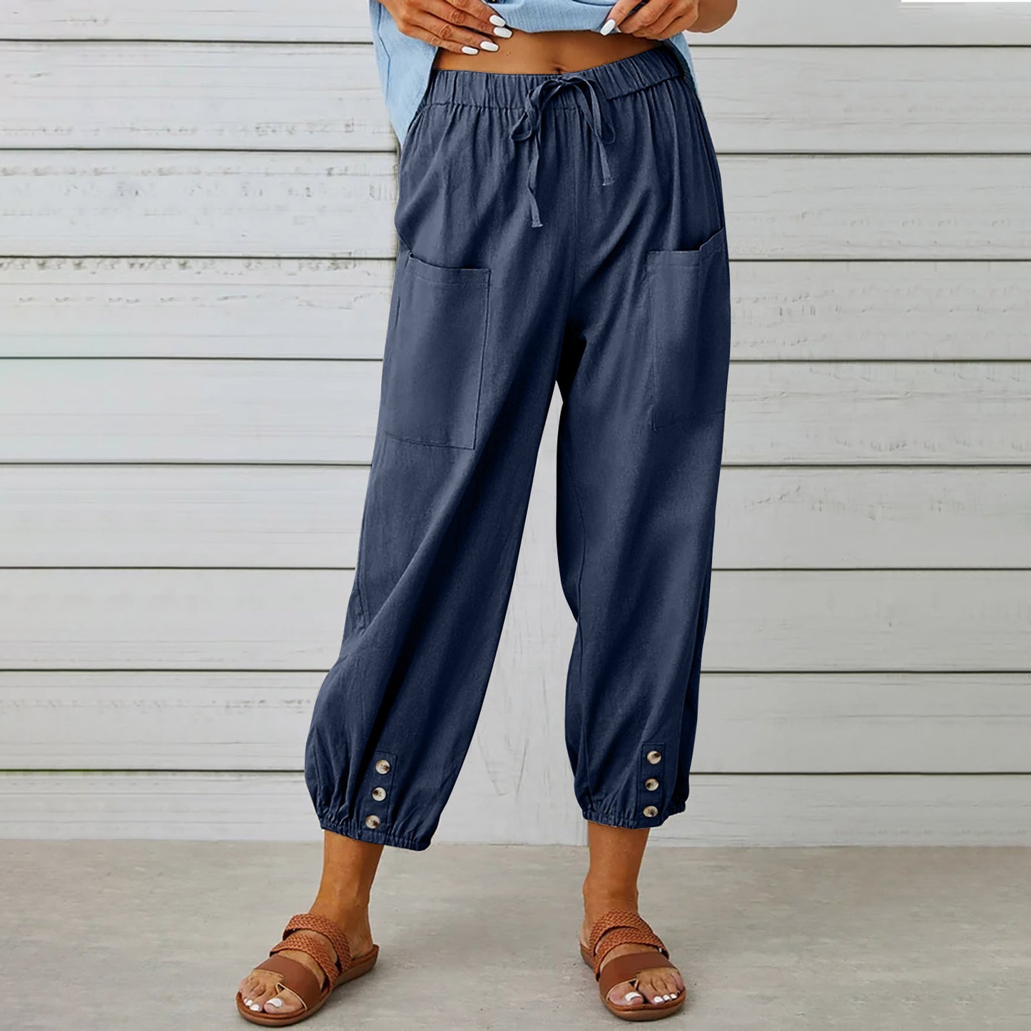 Women Drawstring Tie Pants Spring Summer Cotton And Linen Trousers With Pockets Button - KuzuSHOP