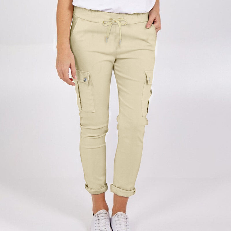 Casual Cargo Pants With Pockets Solid Color Drawstring Waist Pencil Trousers For Women - KuzuSHOP