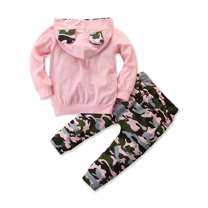 Girls Spring And Autumn Hooded Sweater Small Suit Ins Type Female Baby Camouflage 2 Piece Set - KuzuSHOP