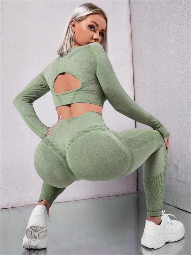 2pcs Sports Suits Long Sleeve Hollow Design Tops And Butt Lifting High Waist Seamless Fitness Leggings Sports Gym Sportswear Outfits Clothing - KuzuSHOP