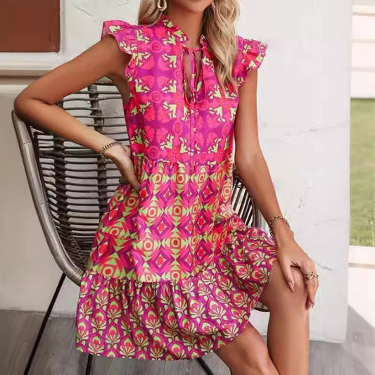 Printed Sleeveless Dress Summer Fashion V-Neck Lace-up Straight Dresses For Womens Clothing - KuzuSHOP