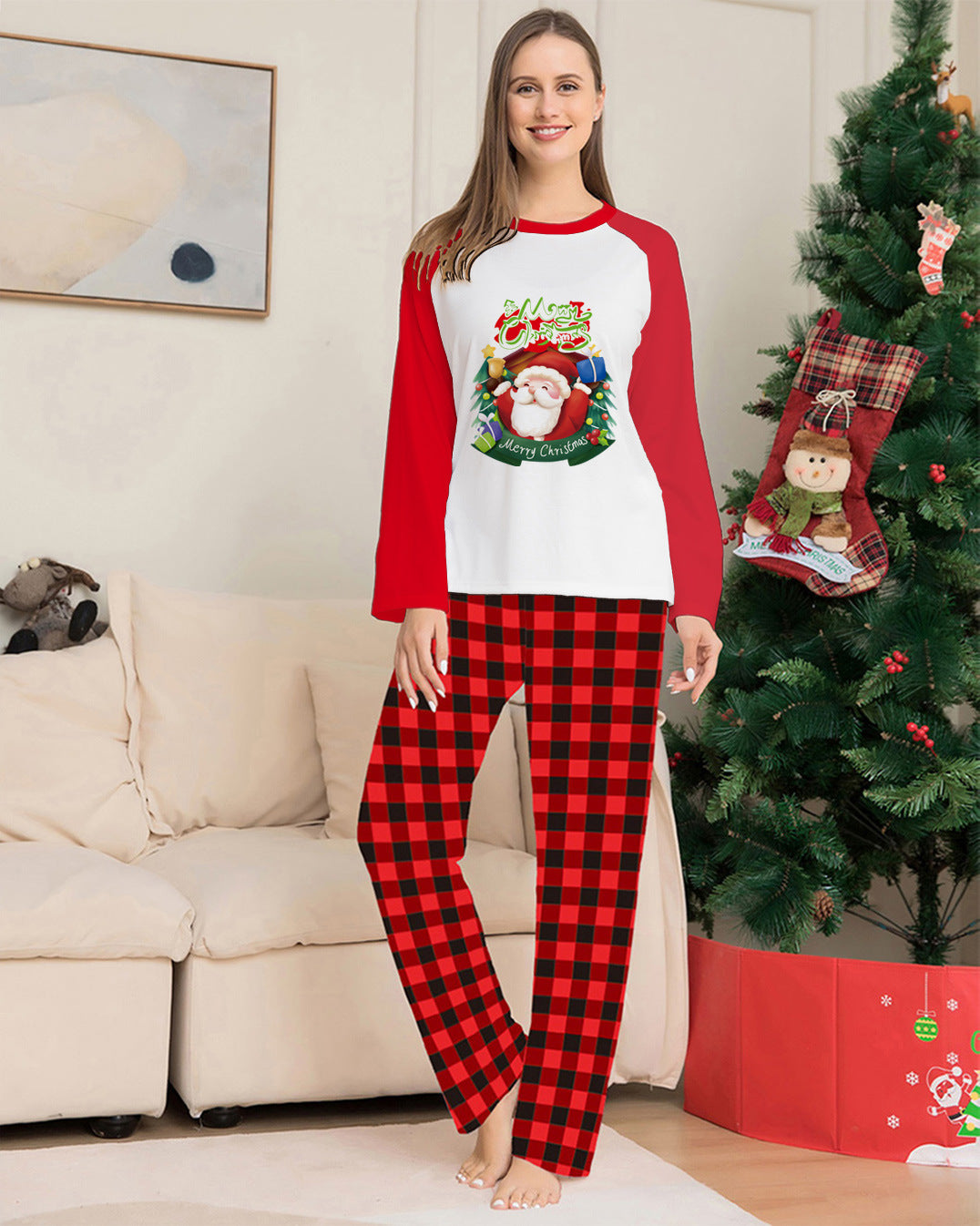Christmas Parent-Child Clothes Set Long Sleeve T-Shirt Plaid Pants Family Matching Pajamas - KuzuSHOP