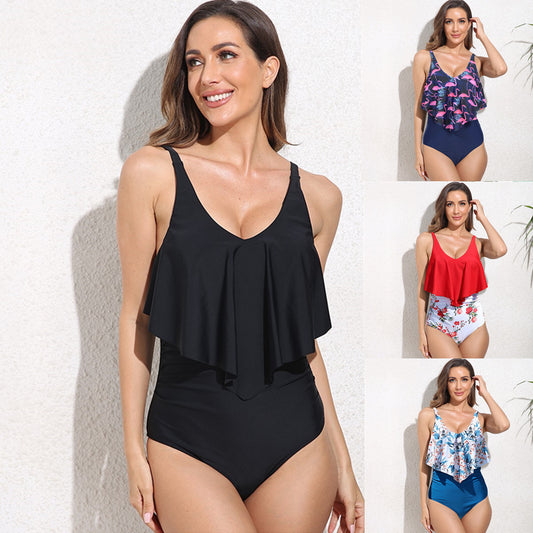 European Lotus Leaf Printed One-piece Swimsuit - KuzuSHOP