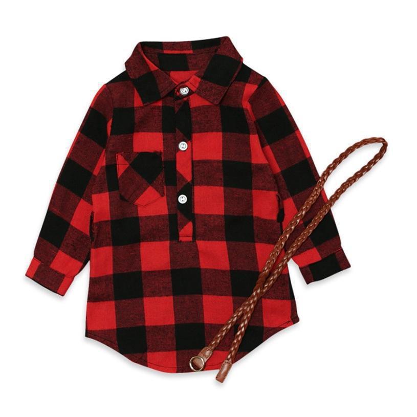 Fashion Girls Long Red Plaid Dress With Belt - KuzuSHOP