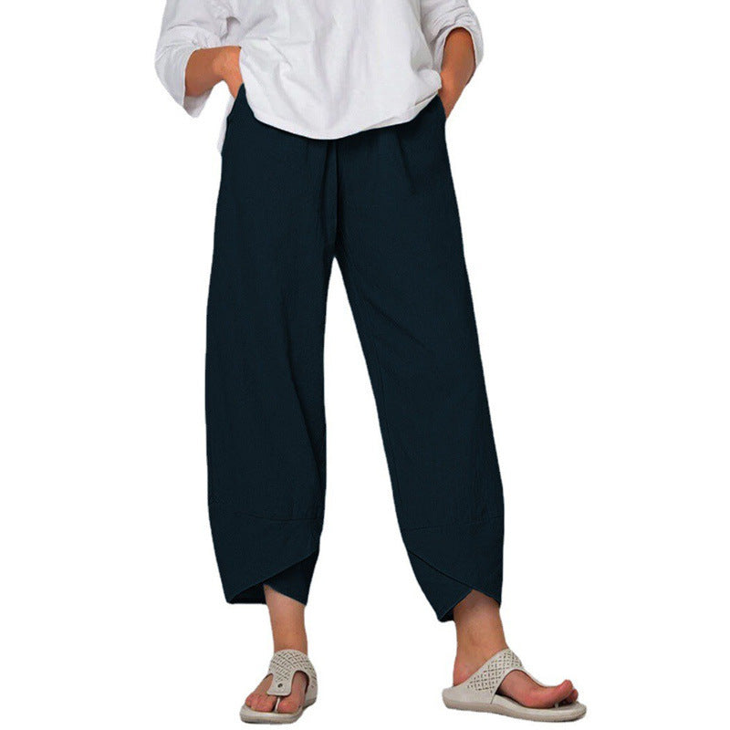 Cotton And Linen Wide Leg Pants Solid Color High Waist Loose Casual Trousers For Women - KuzuSHOP
