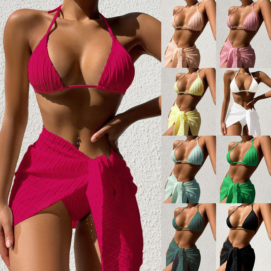 3pcs Halterneck Swimsuit Set Beach Solid Color Sexy Backless Bikini With Mesh Skirt Summer Womens Clothing - KuzuSHOP