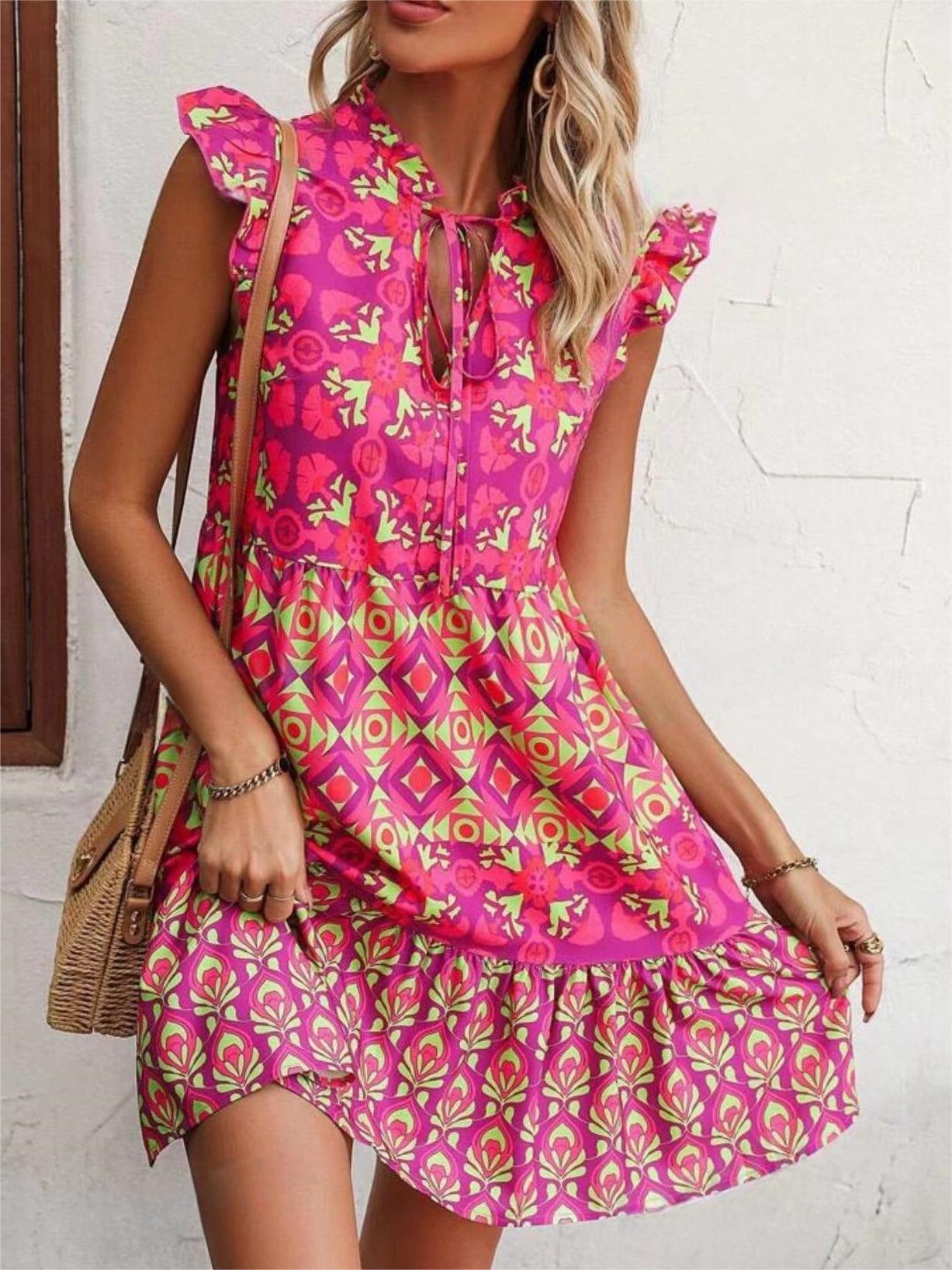 Printed Sleeveless Dress Summer Fashion V-Neck Lace-up Straight Dresses For Womens Clothing - KuzuSHOP