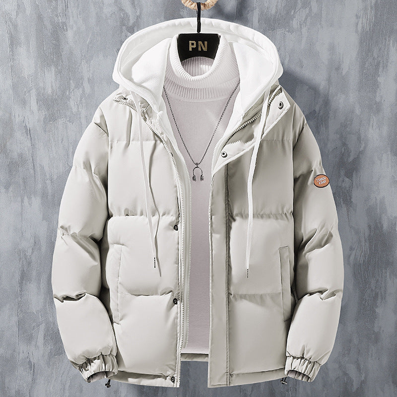 Fashion Hooded Jacket Men Winter Windproof Thickened Fake Two-piece Coat Solid Leisure Sports Cotton Jacket - KuzuSHOP