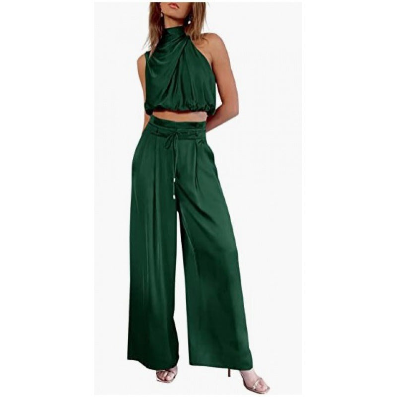 Summer Suits Casual Sleeveless Midriff-baring Top And Wide Leg Pants 2pcs Set Womens Clothing - KuzuSHOP