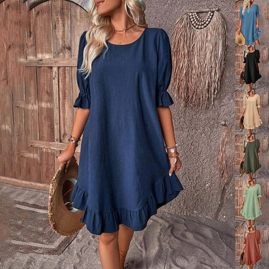 Fashion Ruffle Short-sleeved Dress Summer Solid Color Round Neck Loose Straight Dresses Womens Clothing - KuzuSHOP