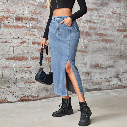 Women's Summer Washed Denim Elastic Waist Denim Skirt - KuzuSHOP
