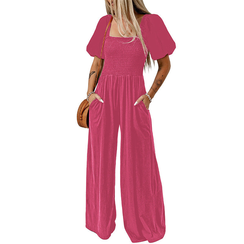 Women's Square Collar Short Sleeve Jumpsuit - KuzuSHOP
