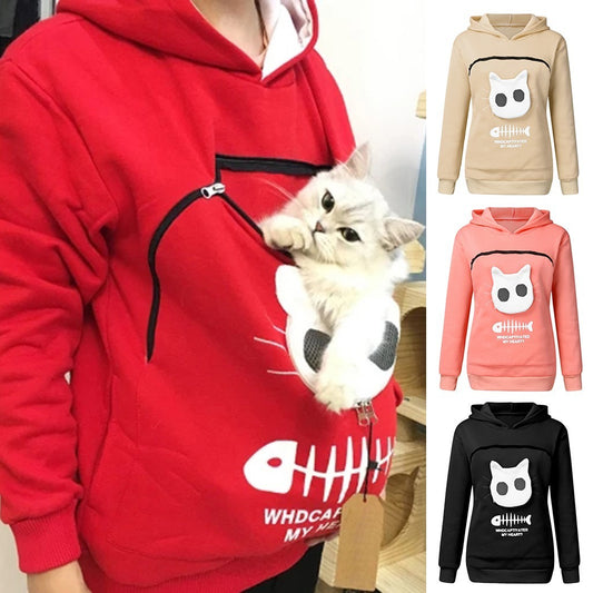 Women Hoodie Sweatshirt With Cat Pet Pocket Design Long Sleeve Sweater Cat Outfit - KuzuSHOP