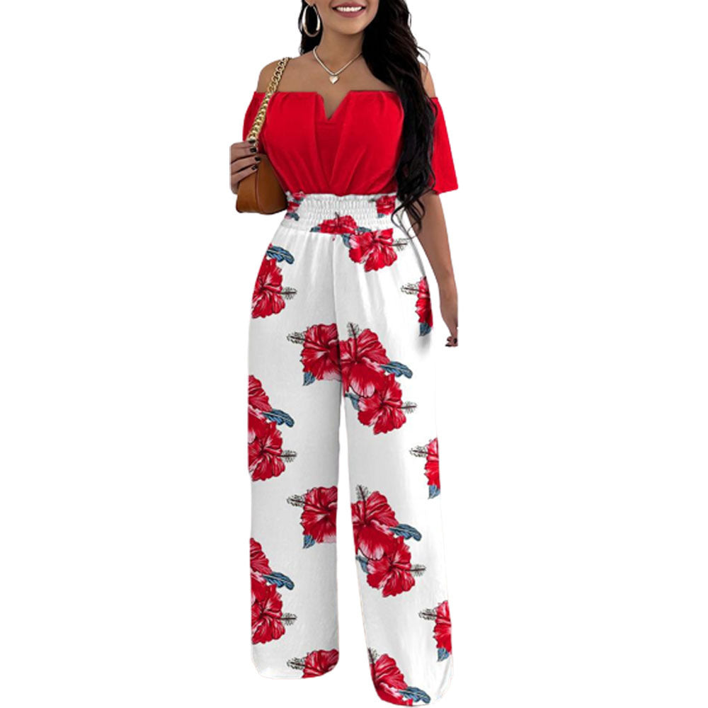 Women's Off-neck Waist Trimming Loose Straight Jumpsuit - KuzuSHOP