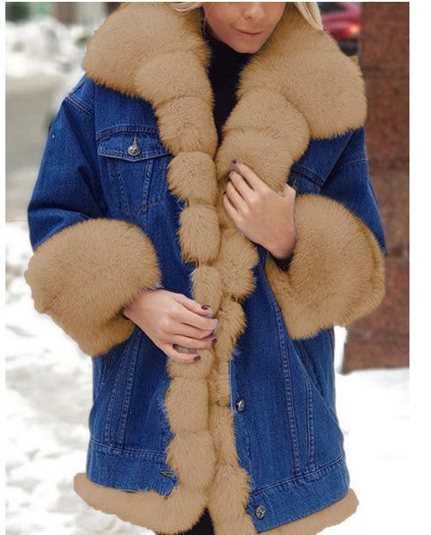 Ladies Fur One Denim Long Long Sleeve Coat - KuzuSHOP