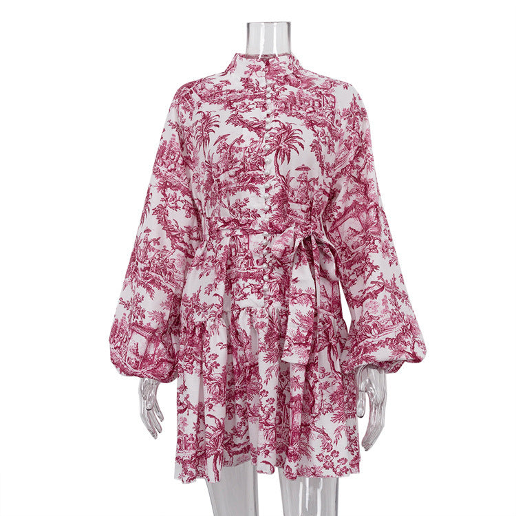 Ink Print Long Sleeve Short Dress With Fashion Puffy Sleeve Lapel Tie A-Line Dress Clothing - KuzuSHOP