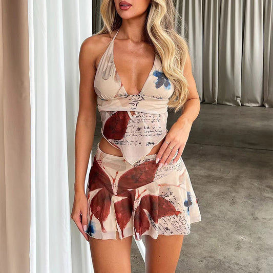 2Pcs Printed Suit Summer Sexy V-neck Halter Top And Pleated Short Skirt Women's Dress Set Clothing - KuzuSHOP