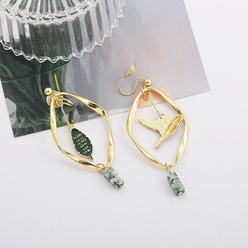 Retro Mori Style Green Bird Earrings Geometric Leaf Ear Clip - KuzuSHOP