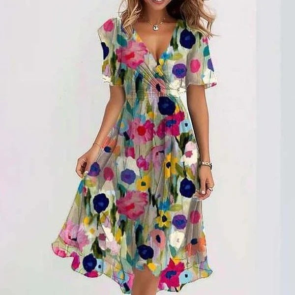 Chiffon Printed Short Sleeve Dress Summer Elegant V-neck Dresses Womens Clothing - KuzuSHOP