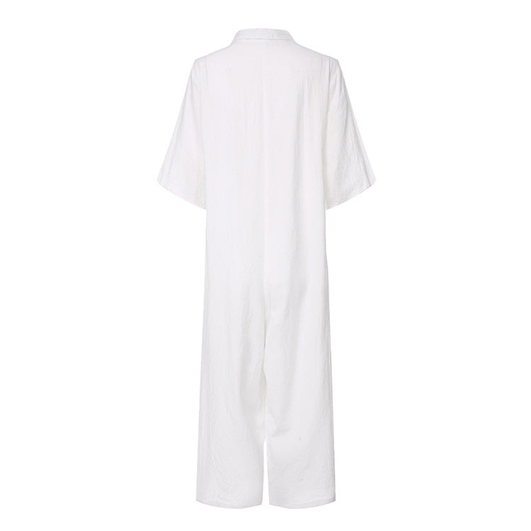 Casual Loose Long Jumpsuit Short Sleeve Rompers - KuzuSHOP