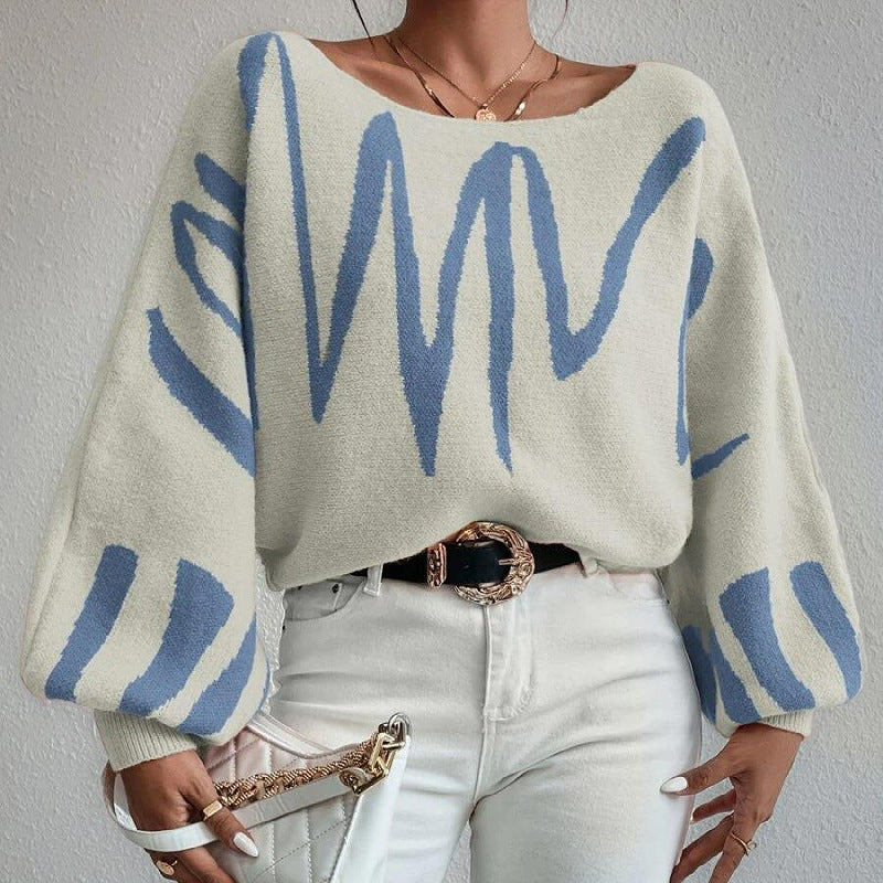 New Lantern-sleeved Pullover Sweater Fashion Line Printed Loose Tops Women's Clothing - KuzuSHOP