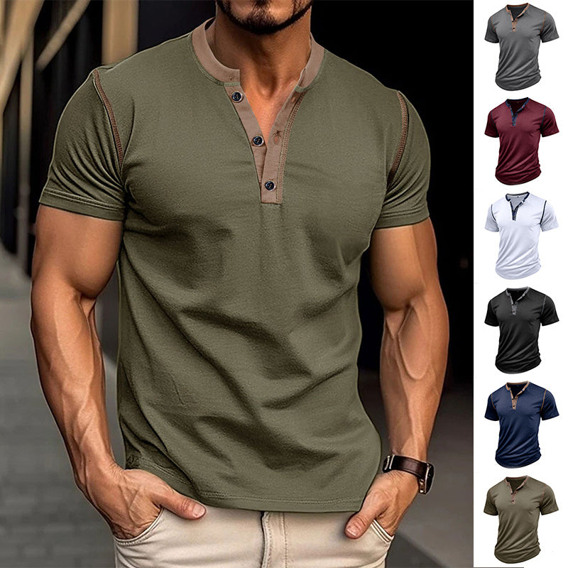 Fashion Short-sleeved Polo Shirt Summer Button V-neck T-shirt Tops Mens Clothing - KuzuSHOP