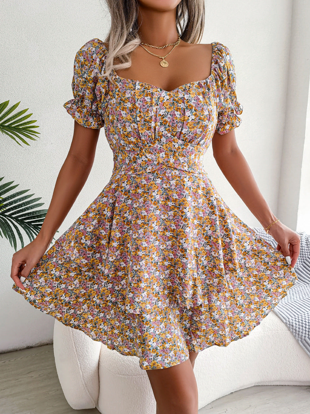 Women Mini Dress Temperament Big Swing Loose Hem Flower Print Shirring Dress Up Short Sleeves High Waist Summer Dress Clothes - KuzuSHOP