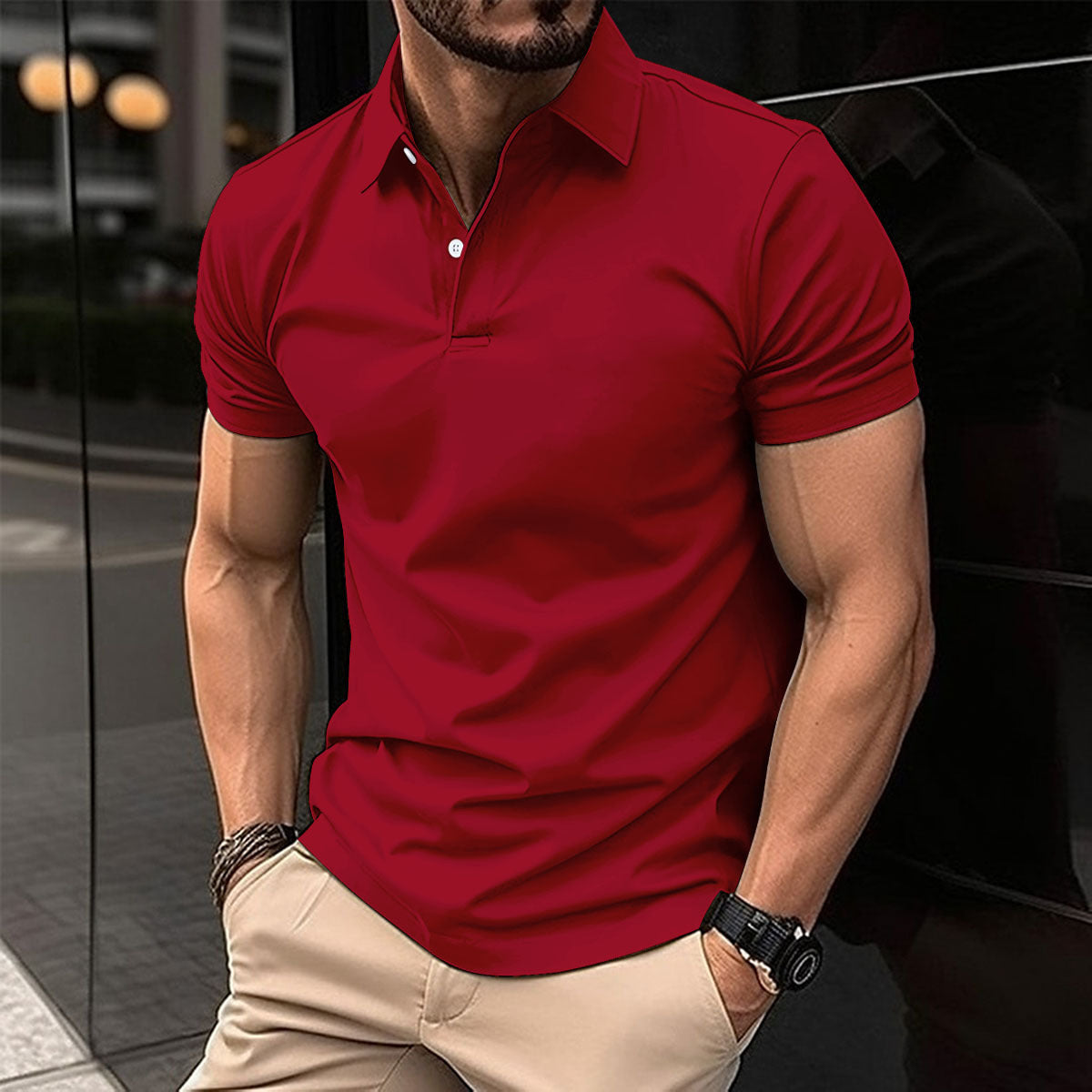 Summer Short Sleeve Polo Shirt Men Solid Color Button Lapel Button Top - KuzuSHOP