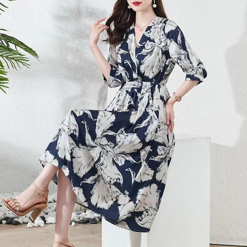Waist-controlled Lace-up Sleeve V-neck Printed Skirt - KuzuSHOP