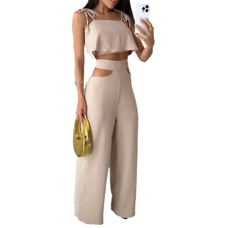 Cross-border Solid Color Sling Top Casual Hollow-out Trousers Suit - KuzuSHOP