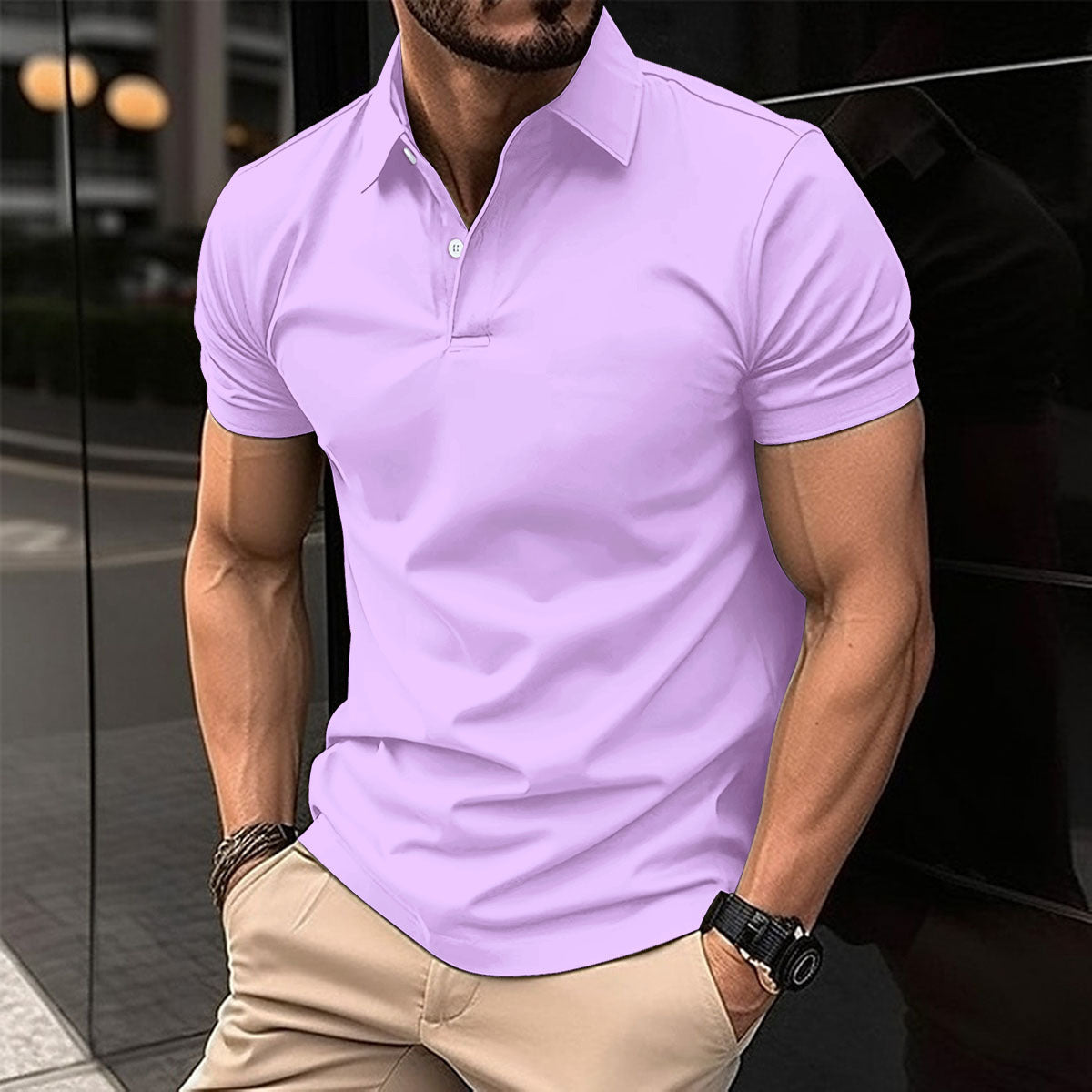 Summer Short Sleeve Polo Shirt Men Solid Color Button Lapel Button Top - KuzuSHOP