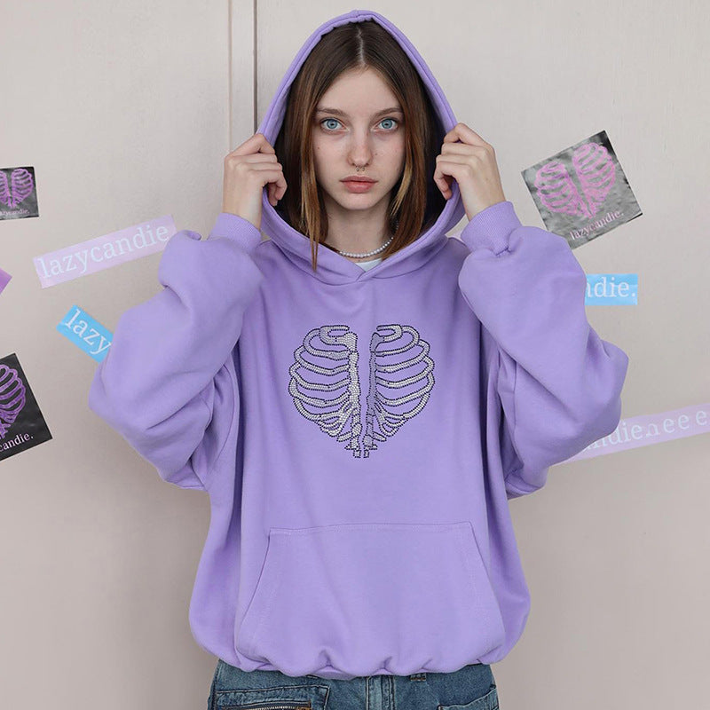 Trendy Skeleton Rhinestone Loose Hooded Sweater - KuzuSHOP