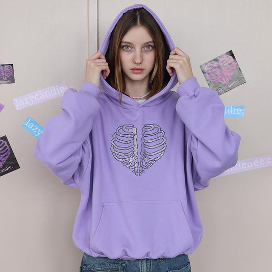 Trendy Skeleton Rhinestone Loose Hooded Sweater - KuzuSHOP
