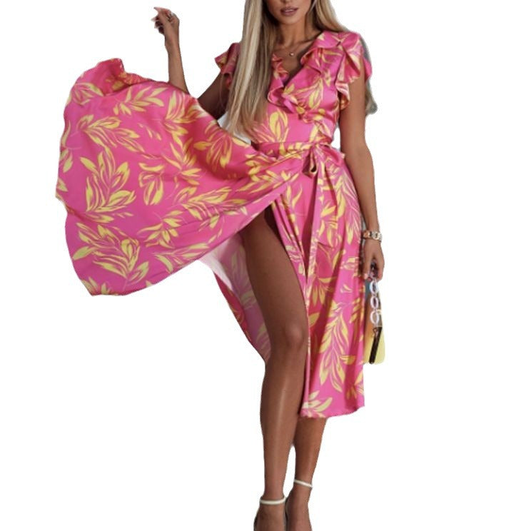 Puff Sleeve Leaves Waist-tight Split Dress - KuzuSHOP