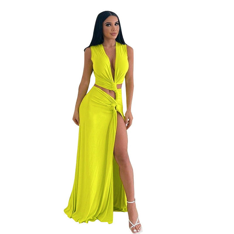 Women's Fashion Solid Color Deep V-neck Hollow-out Slim Length Dress - KuzuSHOP