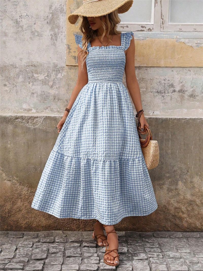 Women's Elastic Large Swing Plaid Dress - KuzuSHOP