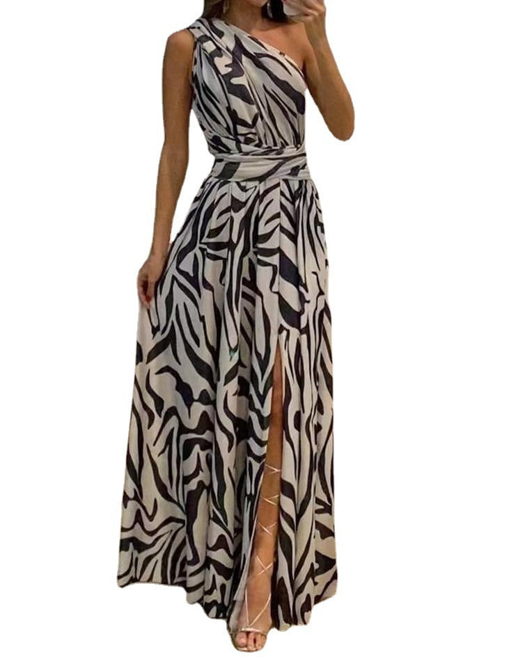 Women's Summer sexy open back one shoulder sleeveless printed long dress - KuzuSHOP