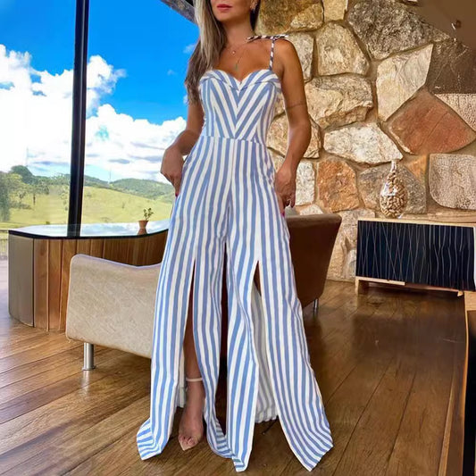 Women's Summer Lace-up Slit Striped Jumpsuit - KuzuSHOP