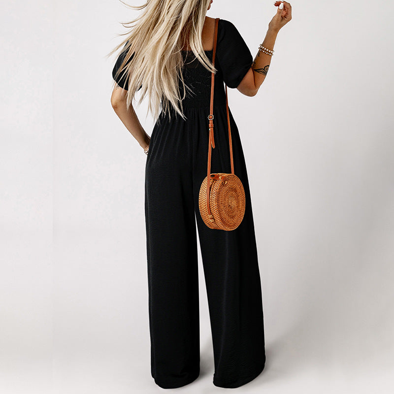 Women's Square Collar Short Sleeve Jumpsuit - KuzuSHOP