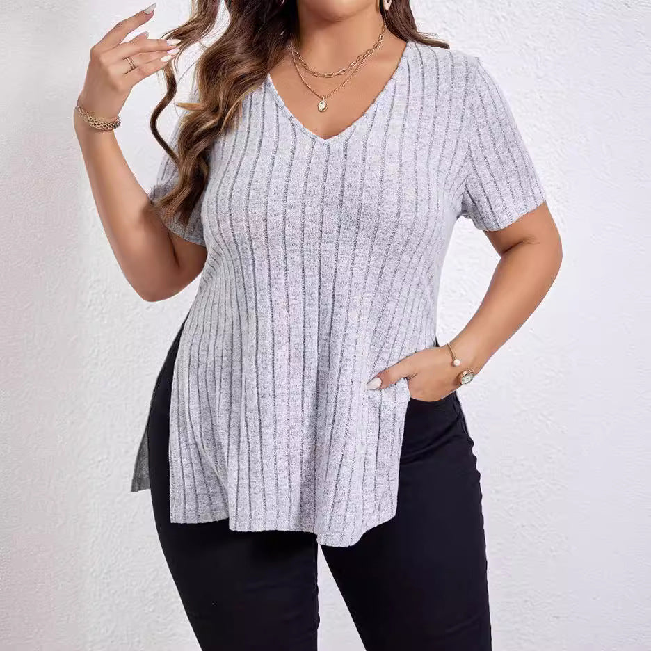 Solid Color Plus Size Top V-neck Short Sleeve Split Sunken Stripe - KuzuSHOP