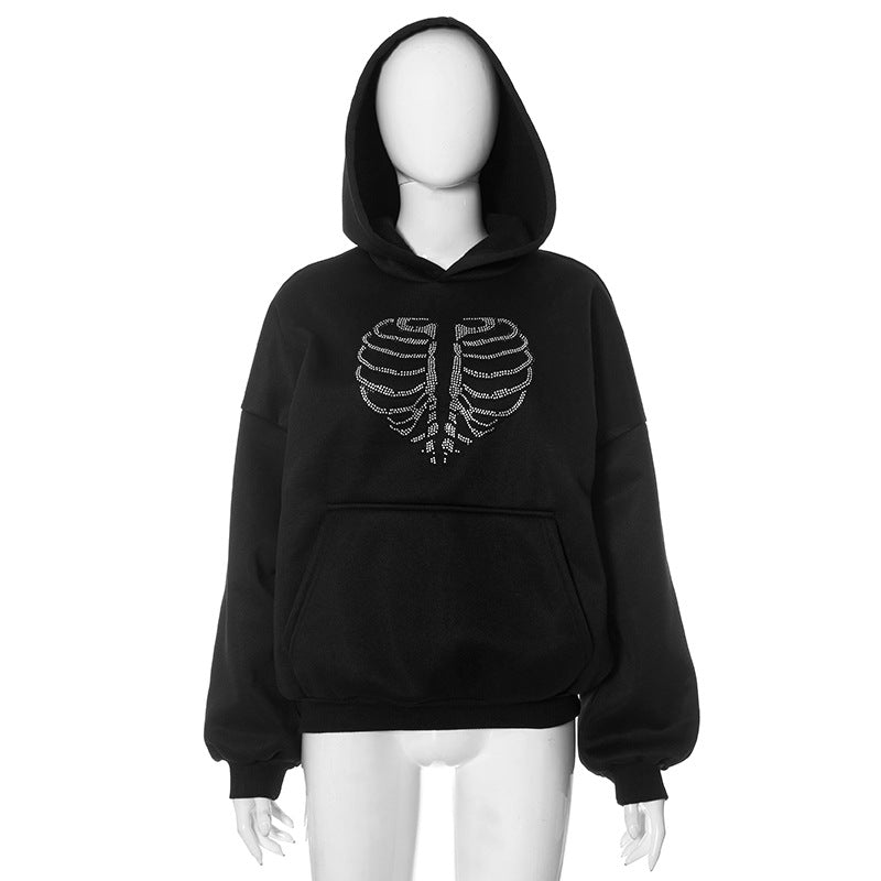 Trendy Skeleton Rhinestone Loose Hooded Sweater - KuzuSHOP