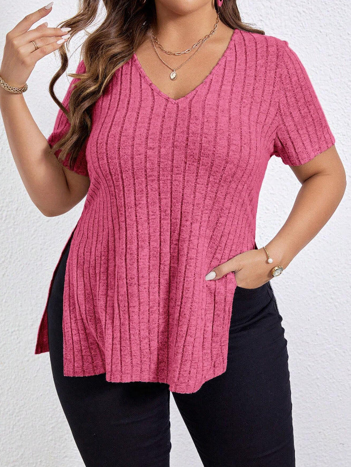 Solid Color Plus Size Top V-neck Short Sleeve Split Sunken Stripe - KuzuSHOP