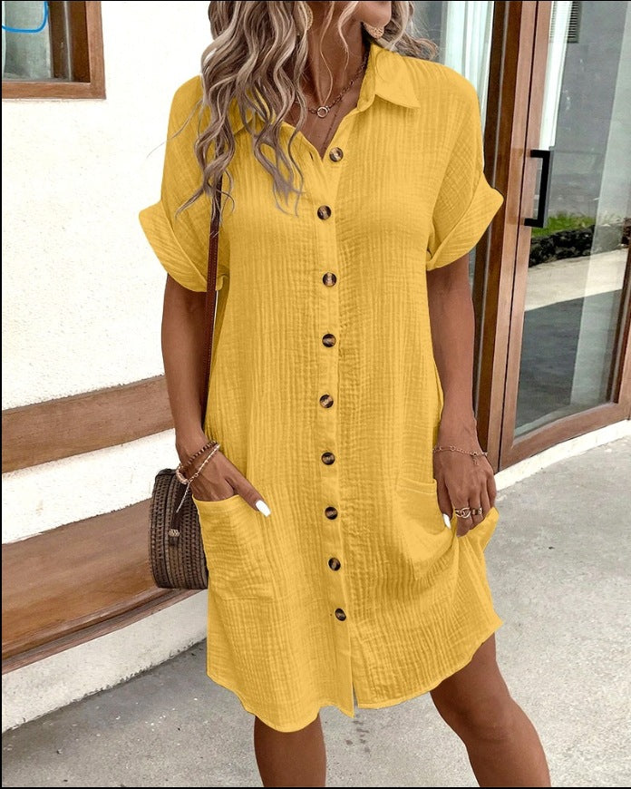 Summer Short Sleeve Shirt Dress Fashion Solid Color Single-breasted Mid-length Loose Dress - KuzuSHOP