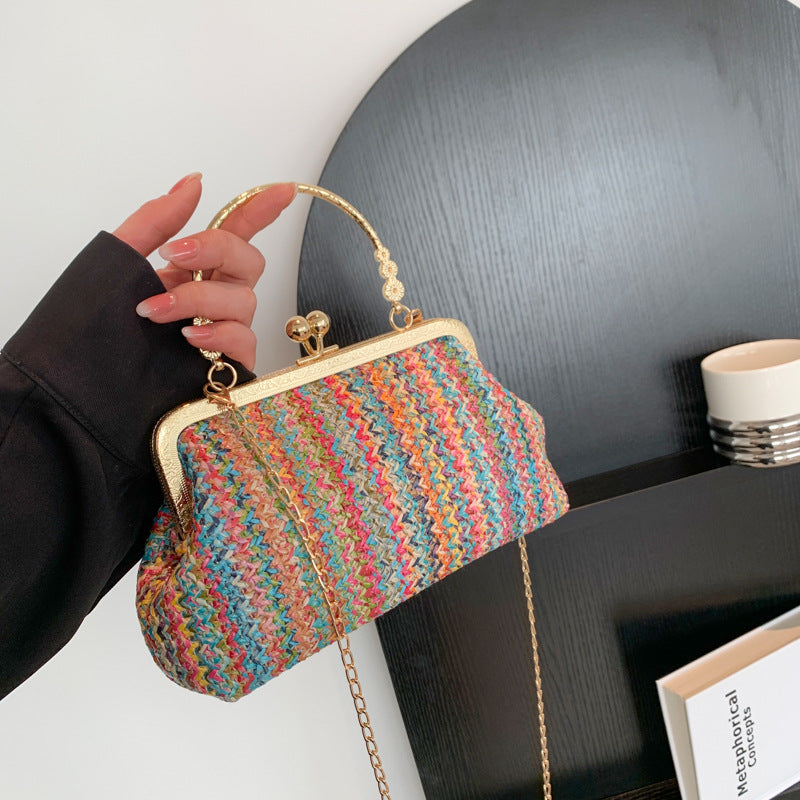 Color woven handbags 2023 spring and summer new style foreign style this year popular single shoulder Messenger bag chain bag women's bag - KuzuSHOP