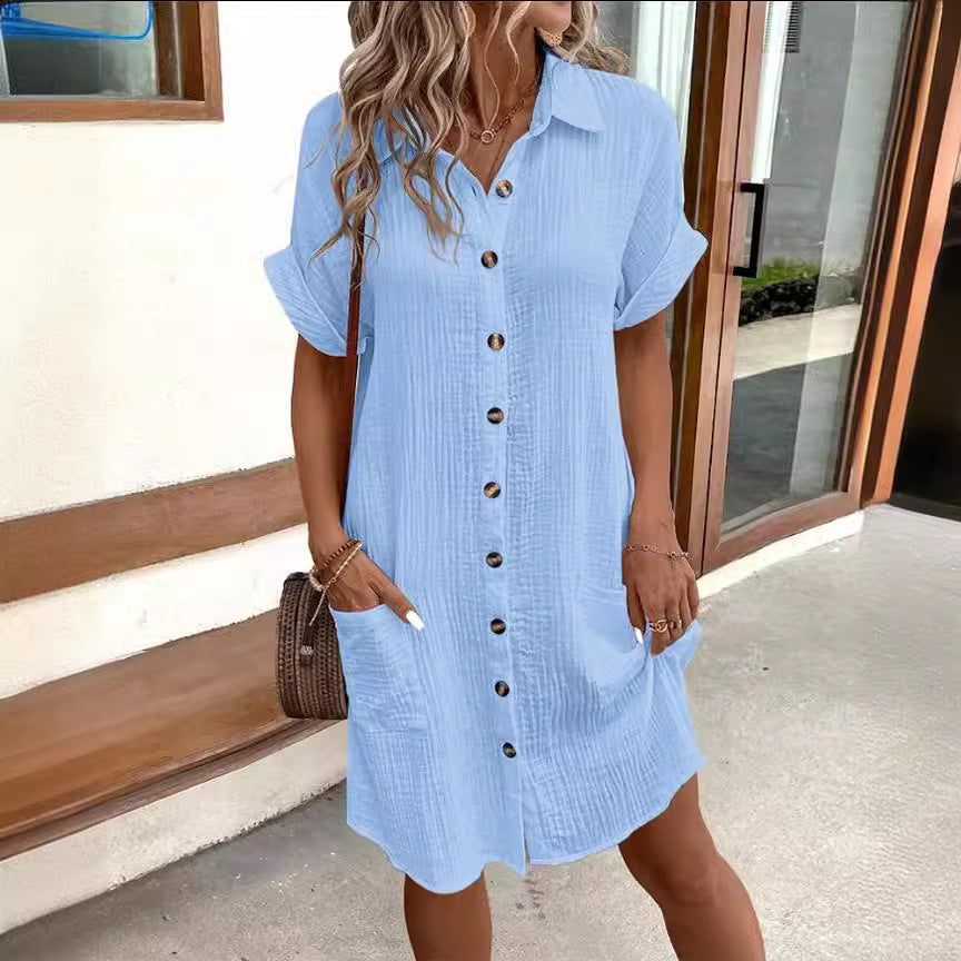 Summer Short Sleeve Shirt Dress Fashion Solid Color Single-breasted Mid-length Loose Dress - KuzuSHOP