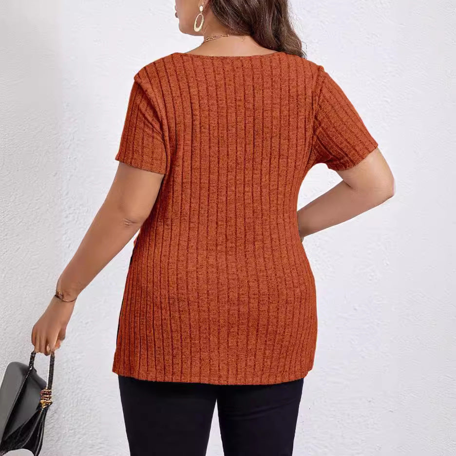 Solid Color Plus Size Top V-neck Short Sleeve Split Sunken Stripe - KuzuSHOP