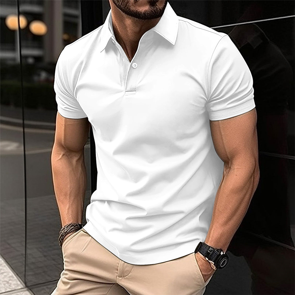Summer Short Sleeve Polo Shirt Men Solid Color Button Lapel Button Top - KuzuSHOP