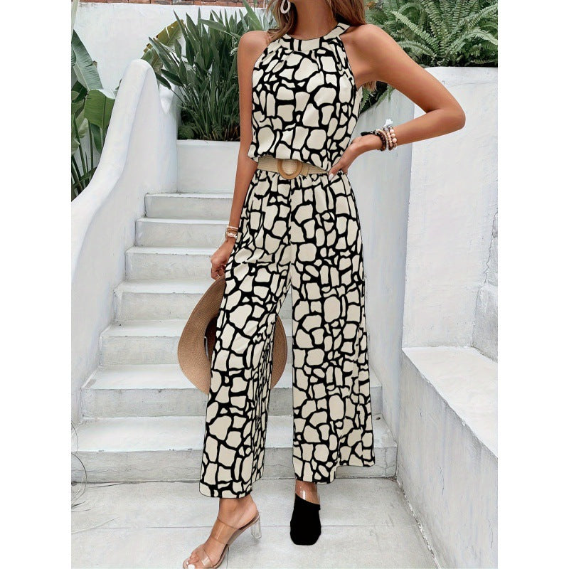 Sleeveless Printed Waist-controlled Lace-up One-piece Trousers - KuzuSHOP
