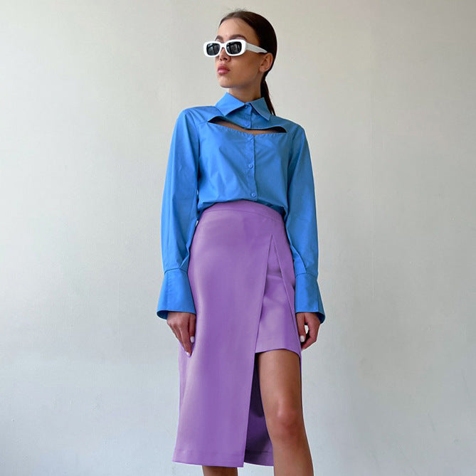 Stitching Wind Asymmetric Split Temperament Skirt - KuzuSHOP