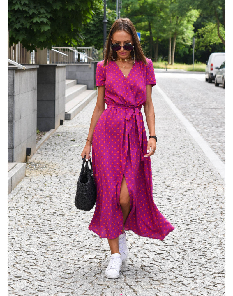 Women's summer v-neck print tie dress - KuzuSHOP